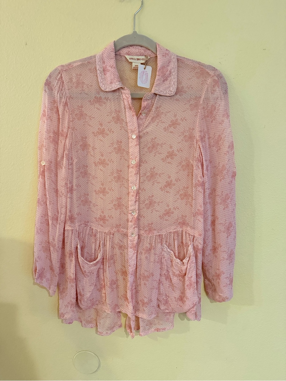 April Cornell Pale Pink Floral Sheer Button-Up Peplum Blouse pocket front lace